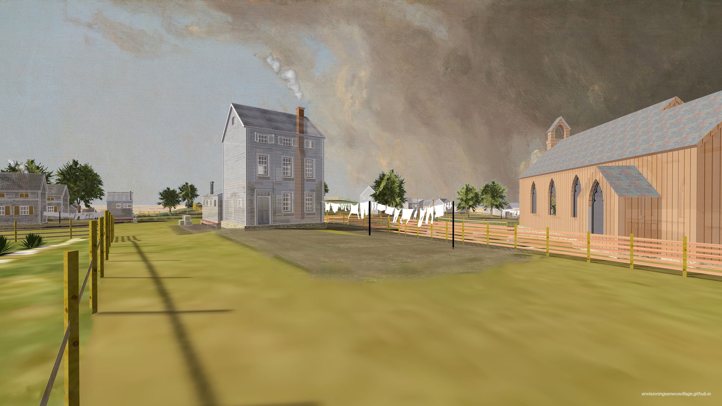 View of the front of the Wilson Family House from the road in the 3D model of Seneca Village