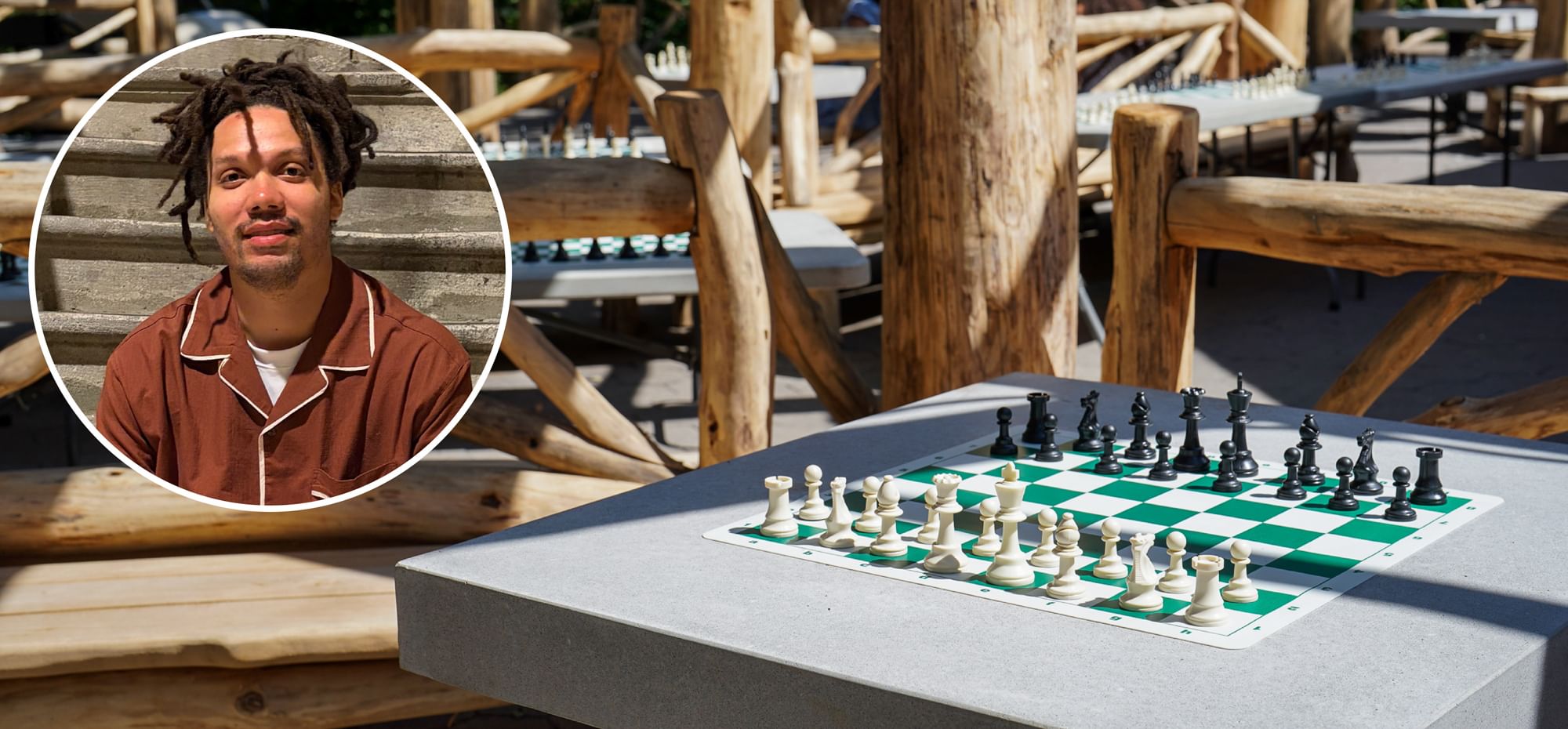 Kassa Korley profile inset over image of Chess & Checkers house