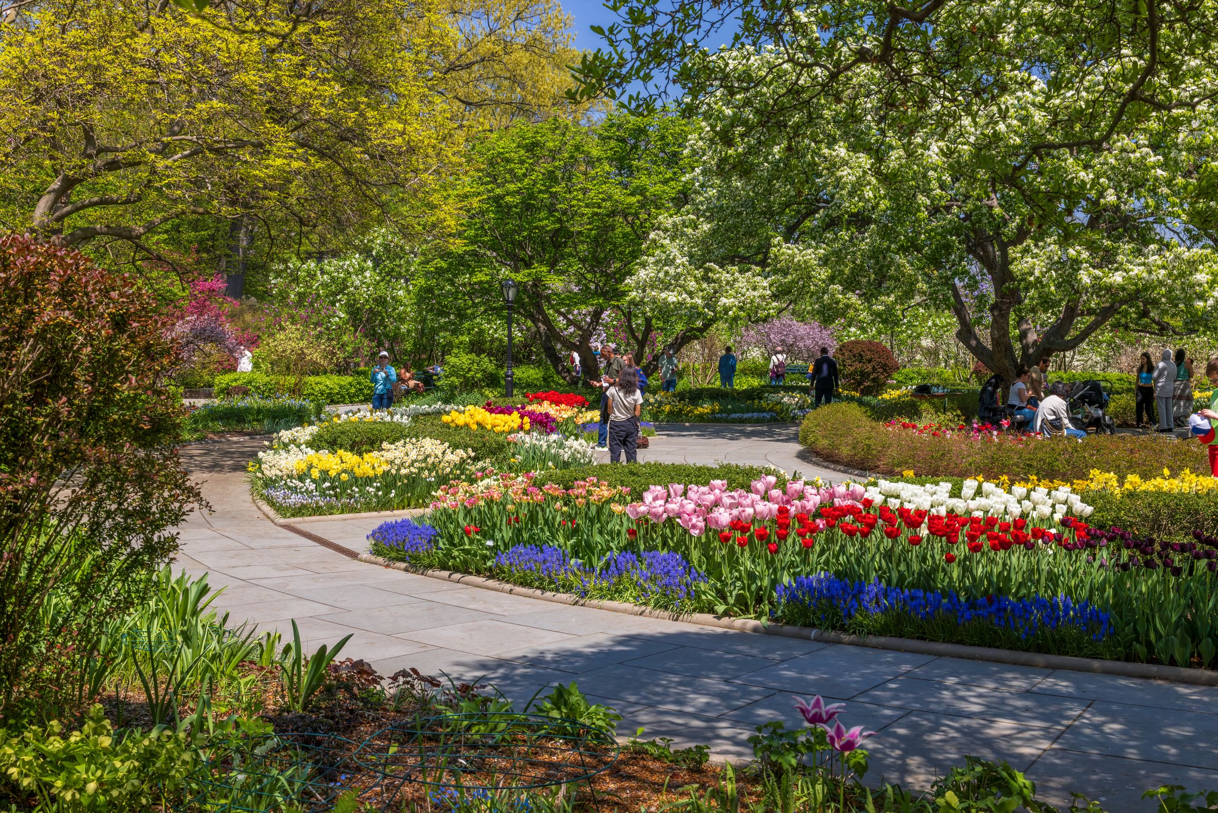 A bright garden in spring, with people walking around among flowers.