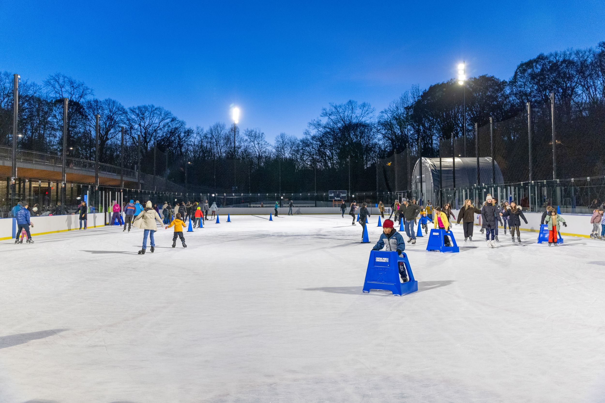 Various skaters on the ice at dusk, Davis Center, New York City