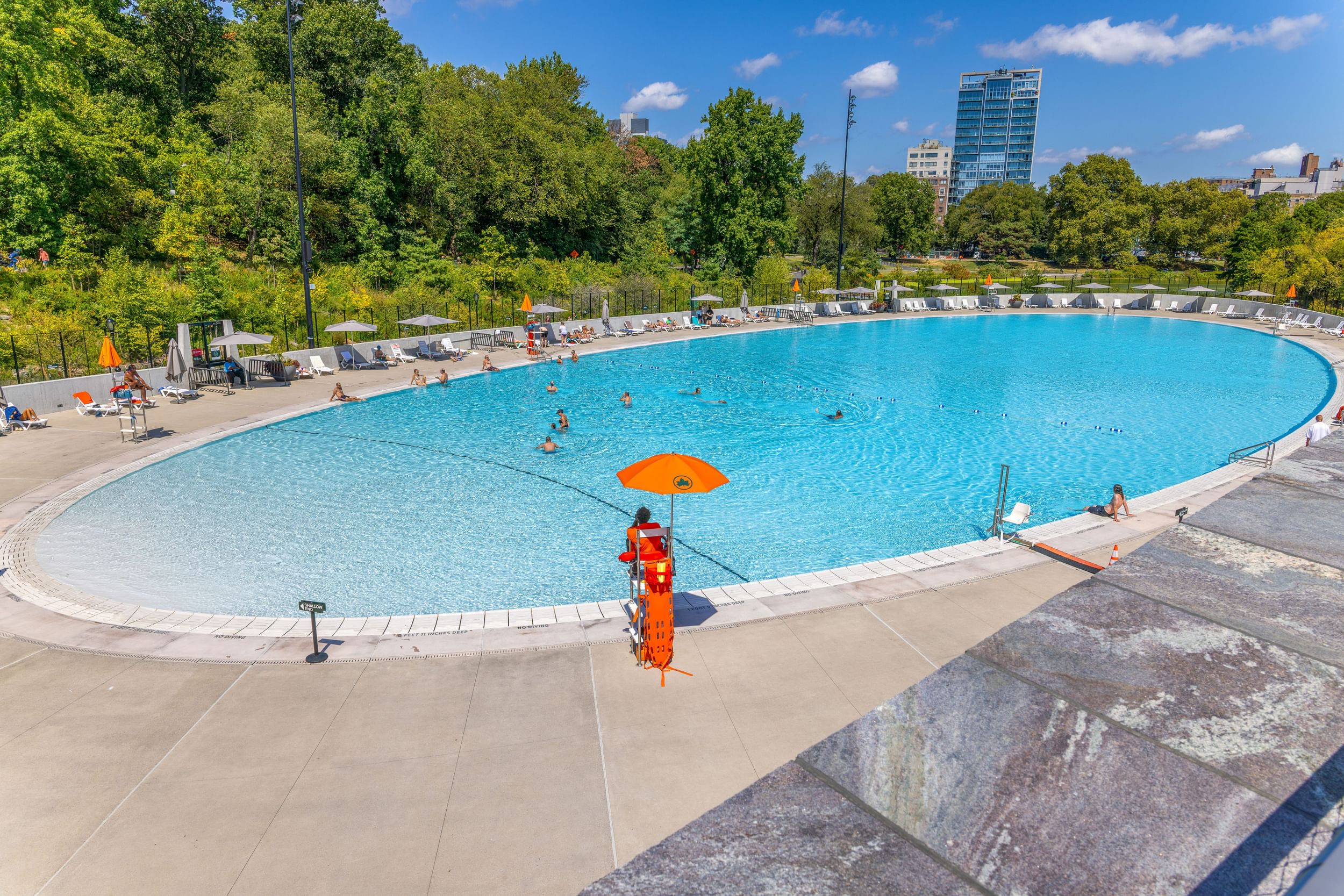 A large outdoor pool with a park in the background.