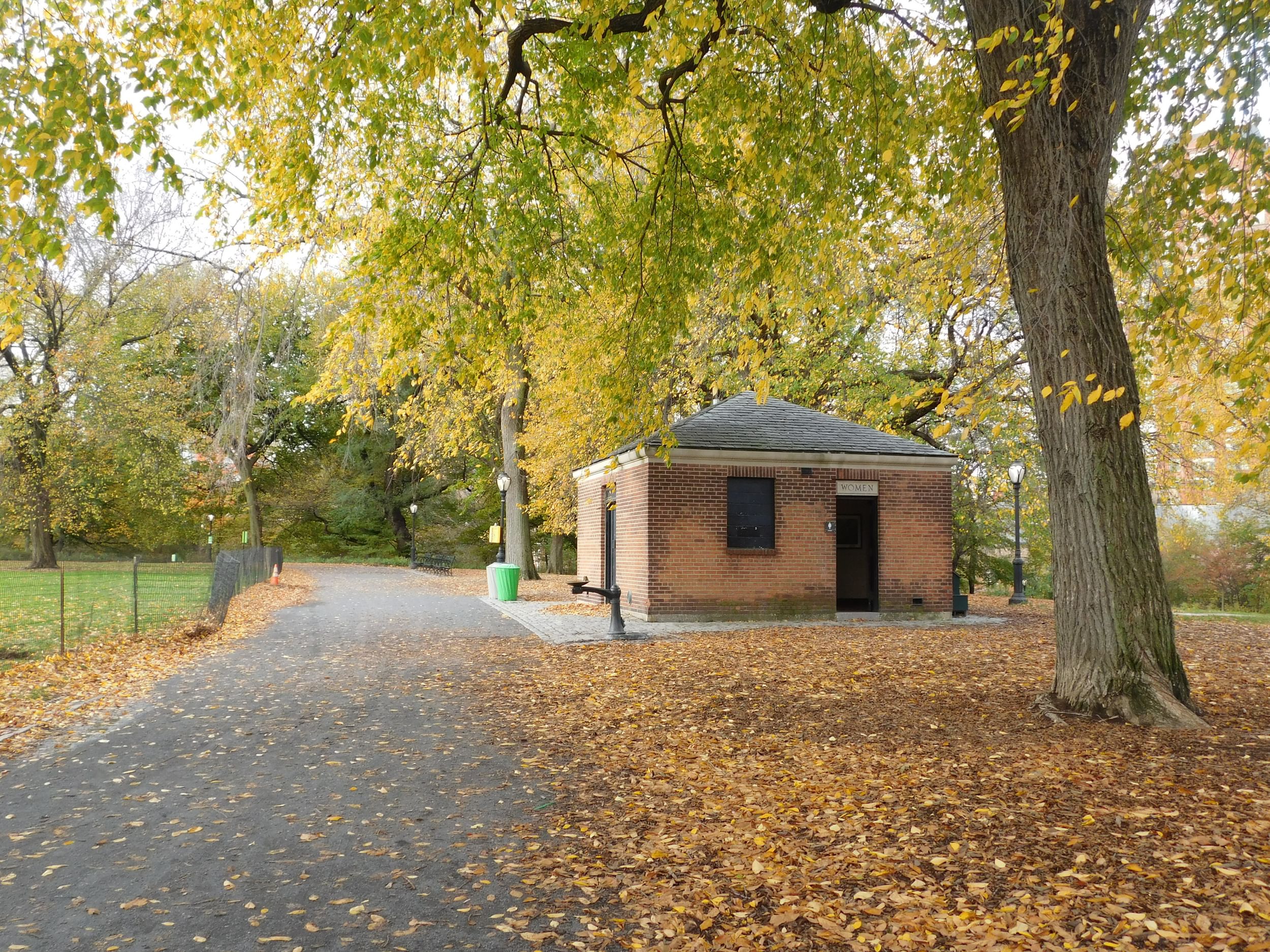 Great Hill Public Restroom, fall leaves in foreground